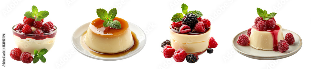 Fototapeta premium Vanilla panna cotta desserts with fresh berries gourmet indulgence transparent background