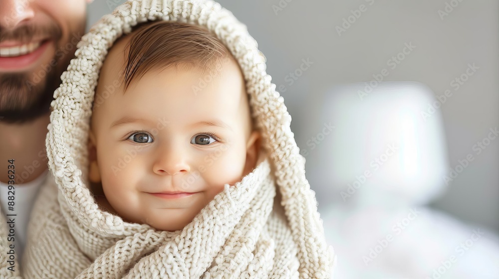 Adorable smiling baby wrapped in a cozy knitted blanket with a blurred background, showcasing warmth and innocence. Adorable smiling baby wrapped in a cozy knitted blanket with a blurred background, showcasing warmth and innocence.