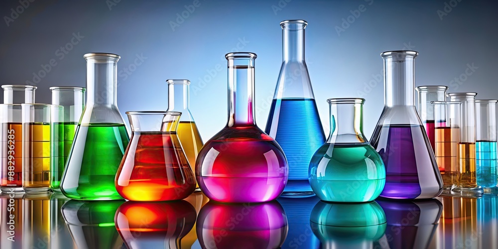 Colorful chemical flasks in a wide angle shot , science, laboratory, glassware, experiment, research, chemistry, colorful Colorful chemical flasks in a wide angle shot , science, laboratory, glassware, experiment, research, chemistry, colorful