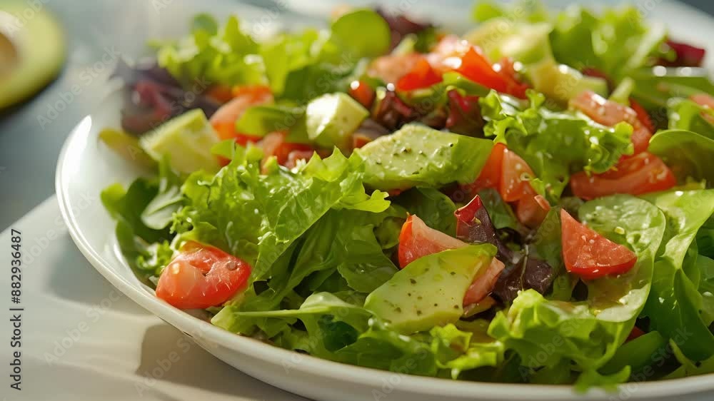 A colorful salad of mixed greens avocado chunks and a zesty vinaigrette made with avocado oil. A colorful salad of mixed greens avocado chunks and a zesty vinaigrette made with avocado oil.