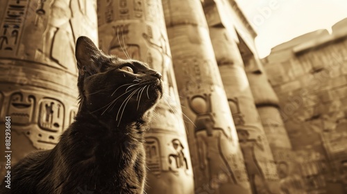 Majestic Black Cat in Ancient Egyptian Temple with Hieroglyphics and Stone Columns in Sepia Tone