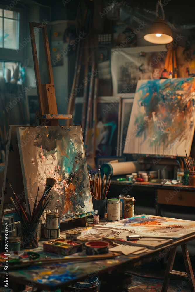 Stylish artist's studio interior with easels and canvases. Creative hobby Stylish artist's studio interior with easels and canvases. Creative hobby