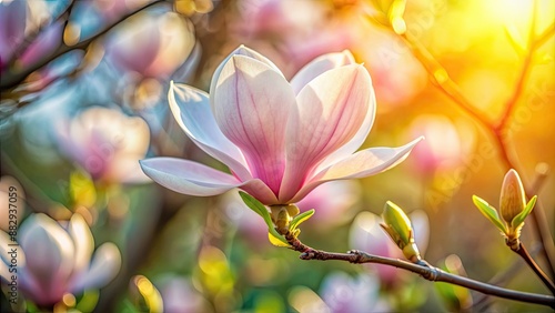 Closeup of magnolia flower background with soft focus, sunlight, and blurred background, magnolia, flower, closeup, soft focus