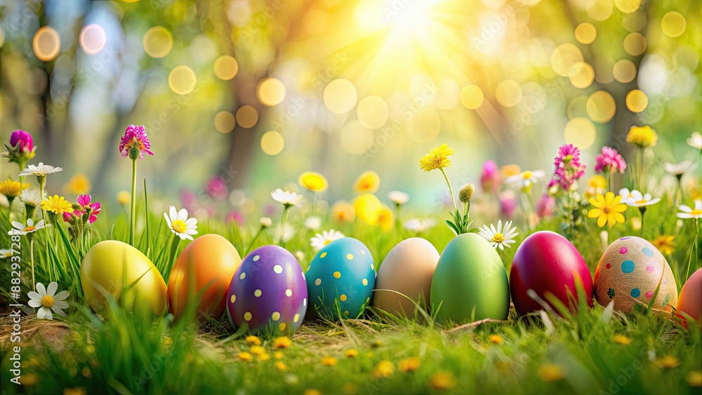 Colorful Easter eggs hidden in the background of a festive spring-themed scene , Easter, eggs, colorful, hidden Colorful Easter eggs hidden in the background of a festive spring-themed scene , Easter, eggs, colorful, hidden