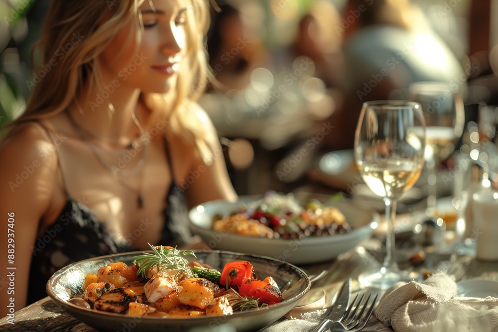 A Woman Enjoys a Delicious Meal at a Restaurant A Woman Enjoys a Delicious Meal at a Restaurant