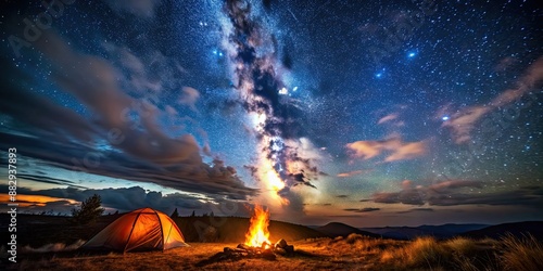 Wallpaper Mural Camping fire under starry sky with shining stars and clouds, camping, fire, starry sky, stars, clouds, outdoor Torontodigital.ca