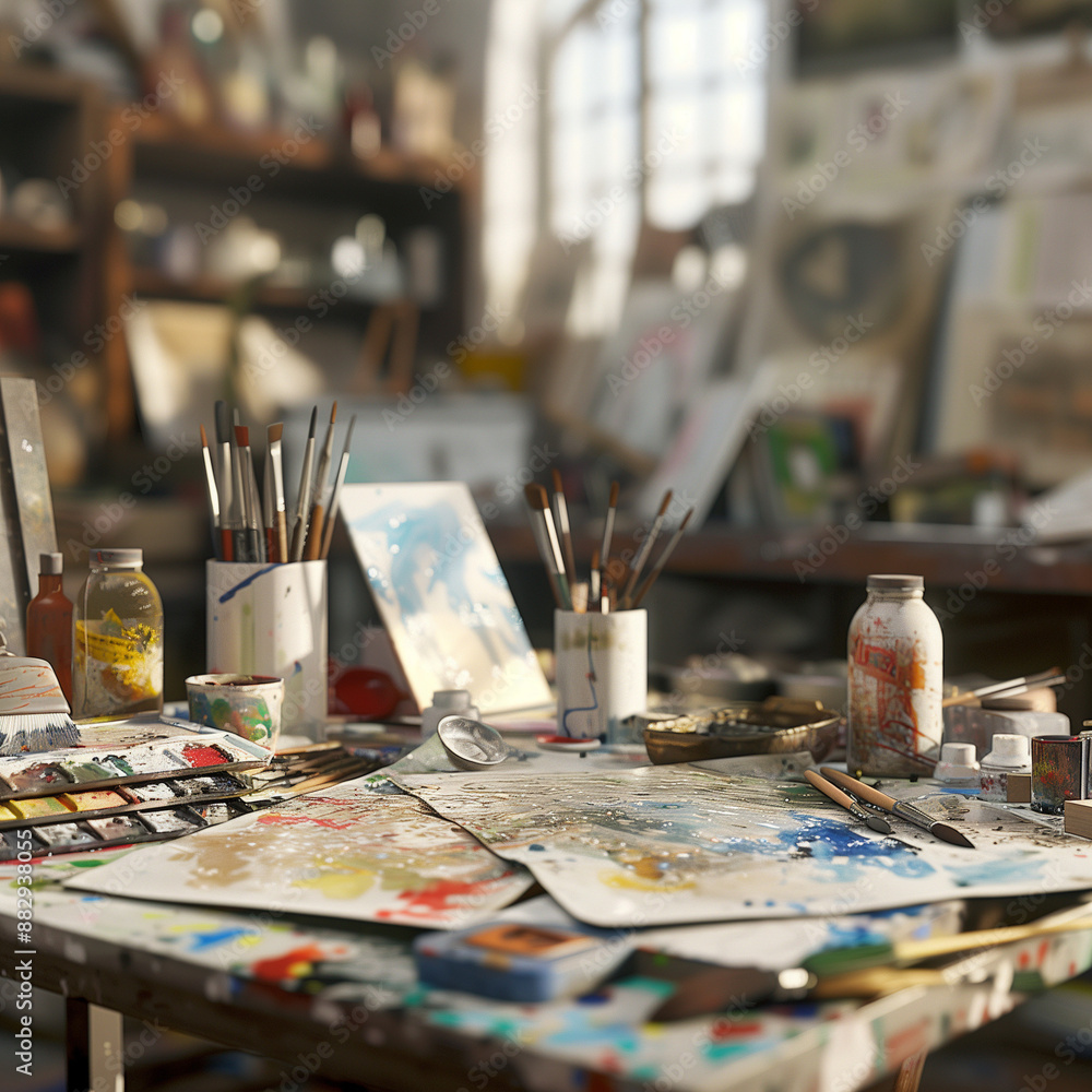 Stylish artist's studio interior with easels and canvases. Creative hobby Stylish artist's studio interior with easels and canvases. Creative hobby