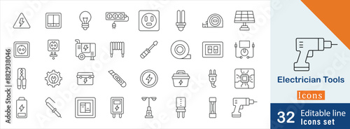 Electrical Essentials Vector Icons. containing electrical box, cable clips, screwdriver,  power drill, electrical panel and more icons. Trades and Repairs editable stroke icon