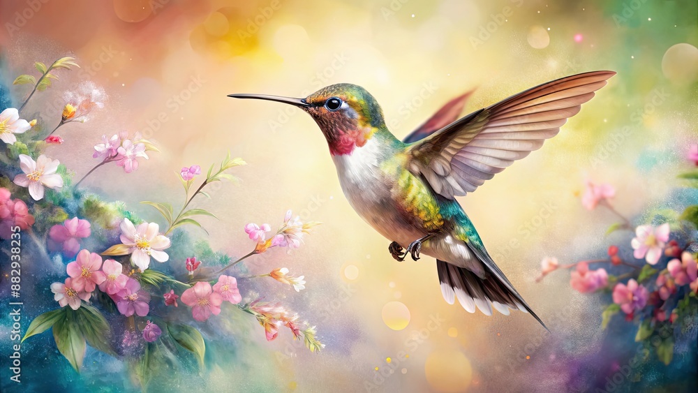 Close-up painting of a hummingbird with flowers on a light abstract background, hummingbird, bird, flowers, close-up Close-up painting of a hummingbird with flowers on a light abstract background, hummingbird, bird, flowers, close-up