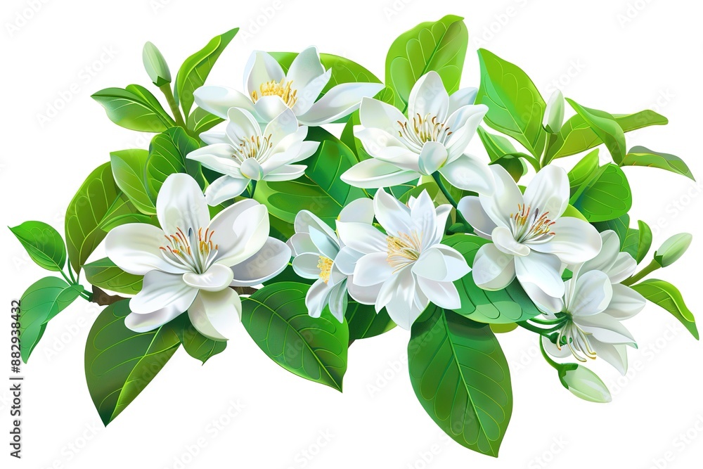 Blooming jasmine flower branch with jasmine leaves isolated on white background. Blooming jasmine flower branch with jasmine leaves isolated on white background.