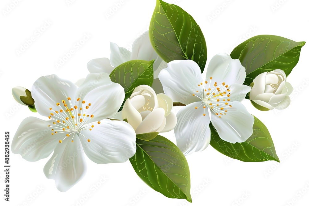 Obraz premium Blooming jasmine flower branch with jasmine leaves isolated on white background.