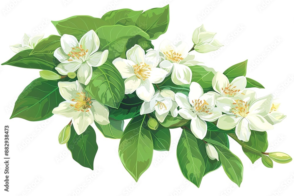 Obraz premium Blooming jasmine flower branch with jasmine leaves isolated on white background.
