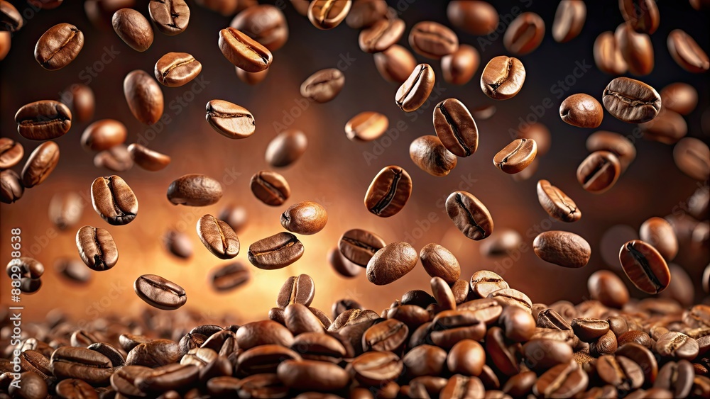 Obraz premium Coffee beans flying through the air, coffee, beans, flying, air, movement, motion, aroma, roast, caffeine, freshness
