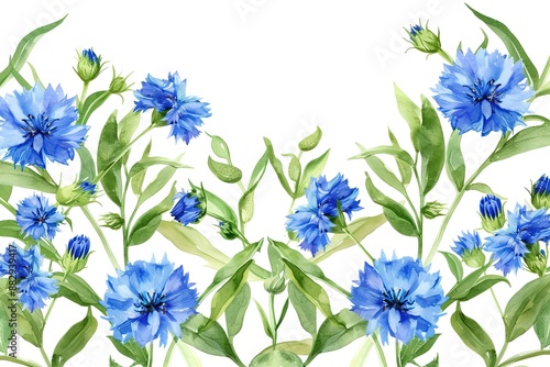 Watercolor Blue cornflower border, wildflower isolated illustration.