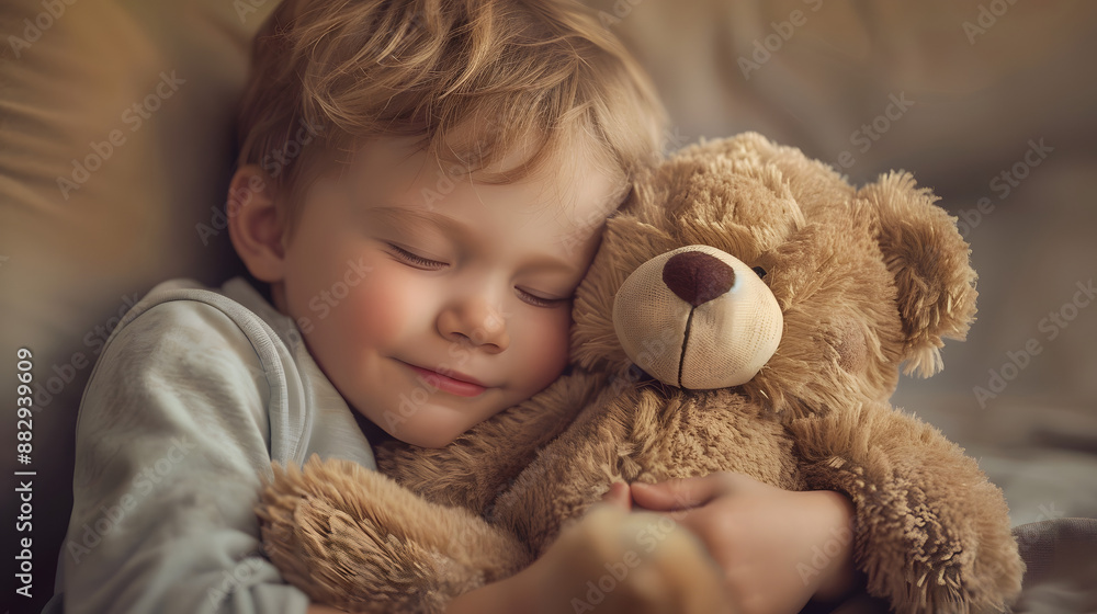 Photo of baby boy sleeping together with teddy bear. His favorite napping spot. Adorable kid boy after sleeping in bed with toy. Boy sleeping on bed with teddy bear. Sleepyhead Photo of baby boy sleeping together with teddy bear. His favorite napping spot. Adorable kid boy after sleeping in bed with toy. Boy sleeping on bed with teddy bear. Sleepyhead