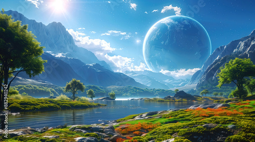 Alien planet landscape with...