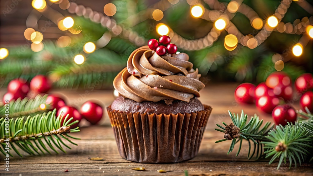 Close up of a decadent chocolate cupcake with festive holiday decorations, cupcake, cake, christmas, food, dessert, sweet Close up of a decadent chocolate cupcake with festive holiday decorations, cupcake, cake, christmas, food, dessert, sweet