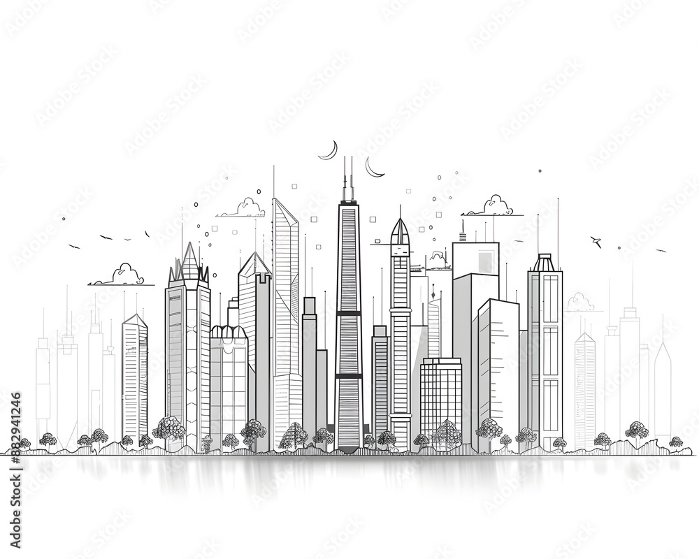 Fototapeta premium Minimalist Line Art of a Modern City Skyline on White Background