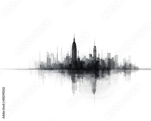 Minimalist Line Art of a Sleek and Modern Urban Skyline with Geometric Buildings and Architectural Structures © Thares2020