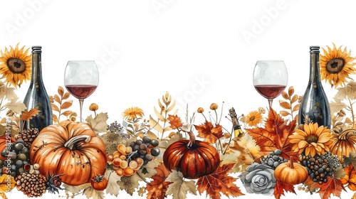 Watercolor autumn border with pumpkins, wine and fall foliage.