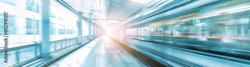 Blurred Light Blue Background with Speed Motion of Hospital Escalator, White Tone, High Key Lighting, Minimalist Style, Close-Up, Creating Tranquility and Calmness