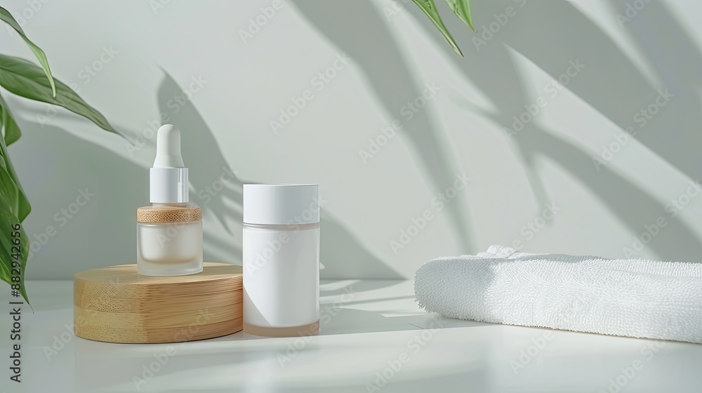A white glass bottle of serum with a gold cap and a wooden dropper sits on a gray surface next to white towels and a sprig of green leaves A white glass bottle of serum with a gold cap and a wooden dropper sits on a gray surface next to white towels and a sprig of green leaves