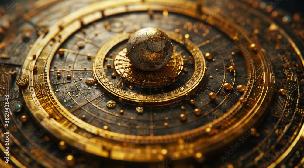 A detailed golden orrery displaying celestial bodies and orbits, showcasing the intricate mechanics of the solar system. A detailed close-up of an ancient astrolabe