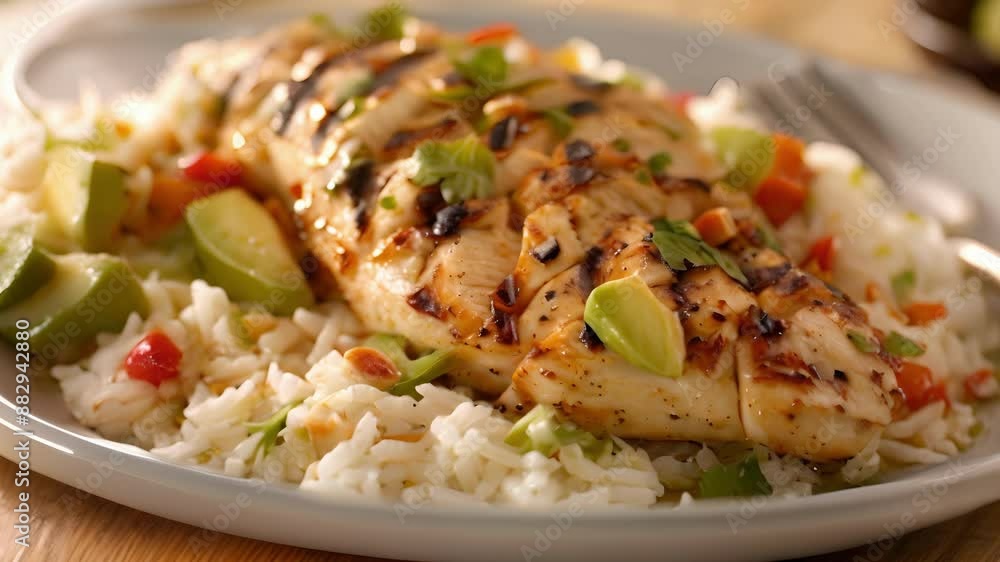 A bed of fragrant jasmine rice topped with tender and juicy chicken and a drizzle of delicate avocado oil for extra flavor. A bed of fragrant jasmine rice topped with tender and juicy chicken and a drizzle of delicate avocado oil for extra flavor.