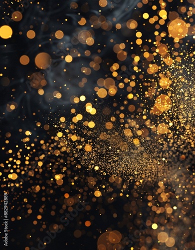 Golden glittering light dots on a black background . 