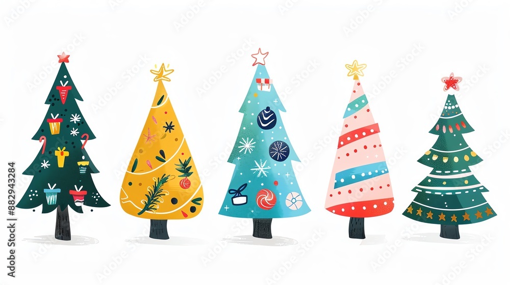 Set of 5 colorful Christmas trees, hand-drawn and decorated with ornaments, stars and snowflakes. Set of 5 colorful Christmas trees, hand-drawn and decorated with ornaments, stars and snowflakes.