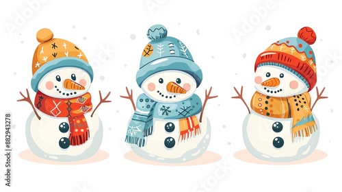 Three cute snowmen wearing colorful hats and scarves.