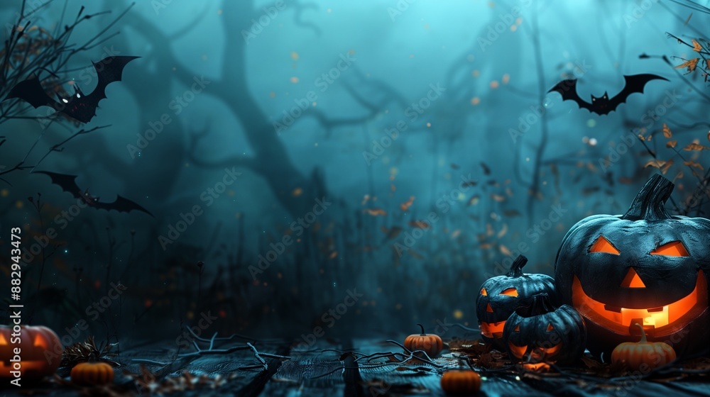 Halloween night background with jack o lantern pumpkin and haunted castle and flying bats, with copy space Halloween night background with jack o lantern pumpkin and haunted castle and flying bats, with copy space