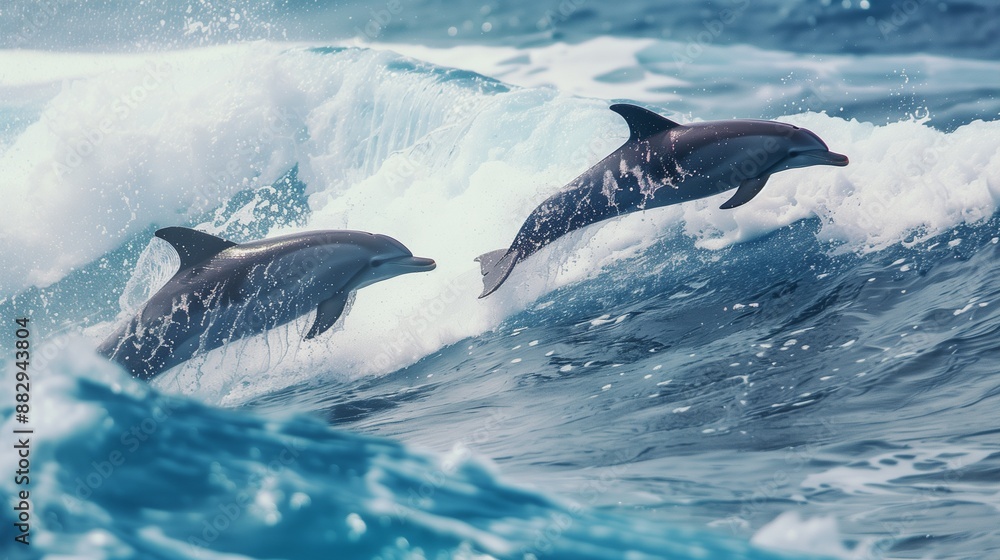 Fototapeta premium Playful dolphins jumping over breaking waves. Hawaii Pacific Ocean wildlife scenery