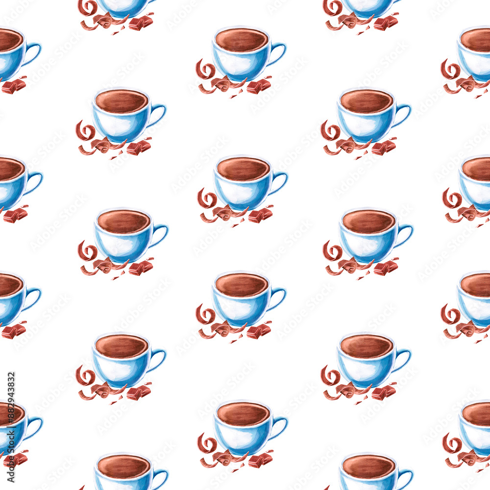 Seamless pattern with a cup of cappuccino and black coffee in watercolor illustration. Hand drawn pattern with coffee for packaging, coffee shops, cookbooks, bakeries. Seamless pattern with a cup of cappuccino and black coffee in watercolor illustration. Hand drawn pattern with coffee for packaging, coffee shops, cookbooks, bakeries.