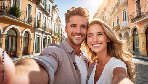 Smiling couple takes selfie on sunny European street with charming architecture, capturing joy and romance during their travels. Generative AI.