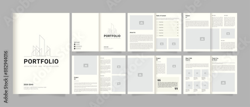Real estate portfolio design or interior portfolio pages or architecture portfolio brochure template with 12 pages premium EPS vector design