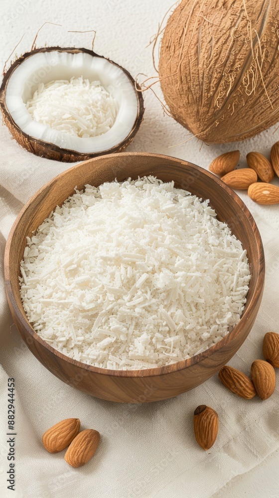 A glass bottle and glass of milk sit on a white table beside a bowl of coconut cream, half a coconut, and a bowl of hazelnuts A glass bottle and glass of milk sit on a white table beside a bowl of coconut cream, half a coconut, and a bowl of hazelnuts