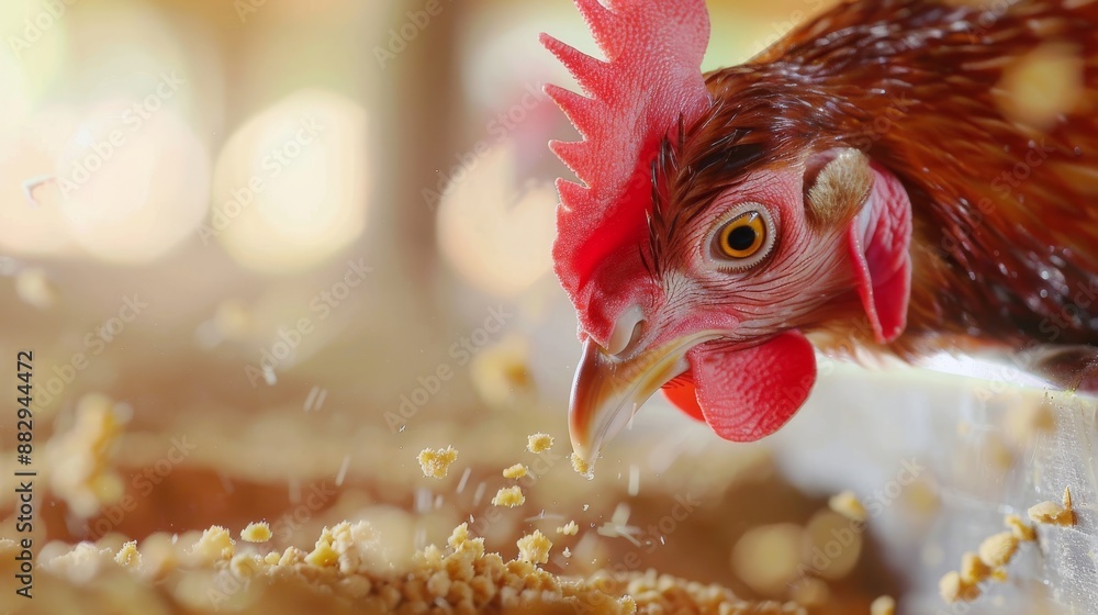 Broilers as they eat pellets from a feeder Systematic feeding process ...
