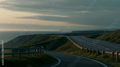 Video animation of winding road that curves through a hilly landscape. In the distance, the ocean glistens under a cloudy sky photo