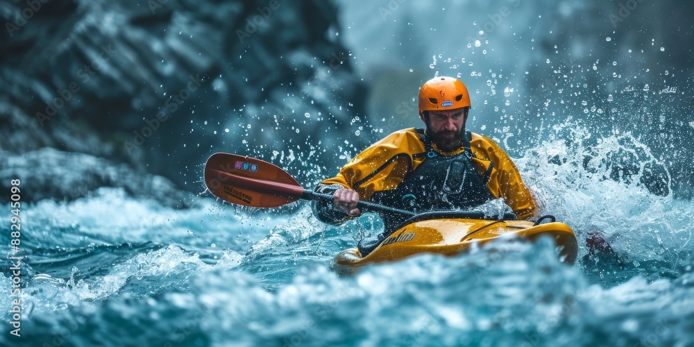Fototapeta premium whitewater kayaking, down a white water rapid river in the mountains. Generative AI