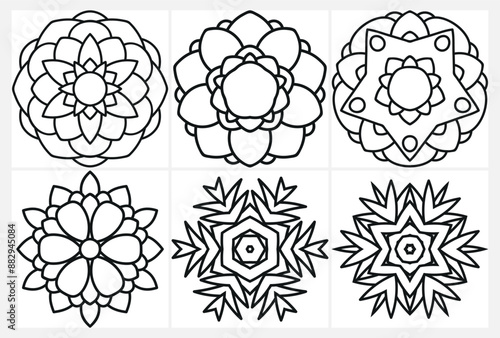 coloring page with floral mandala, bold and easy,vector set