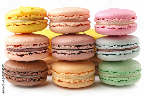 A stack of colorful macarons, isolated on a white background