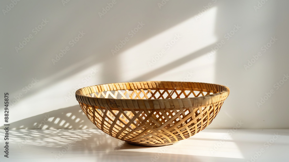Fototapeta premium Woven bamboo bowl sits on a white surface. Light creates shadows and reflections around it.
