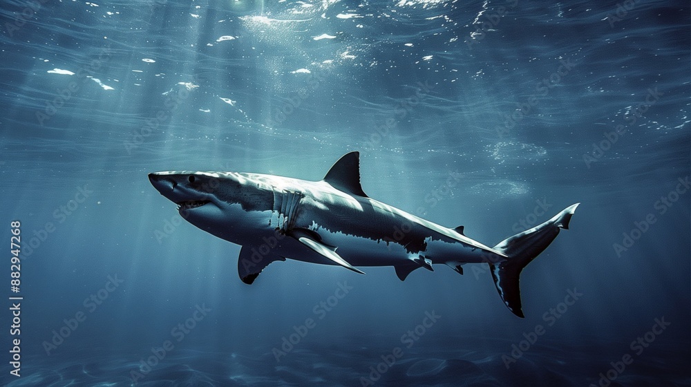 White sharks live in the deep ocean. White sharks live in the deep ocean.
