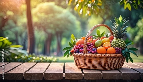 a basket of mixed fruits on a wooden table in the park
