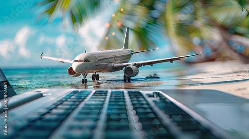 Airplane  on Laptop Keyboard with Tropical Island Elements, Palm Trees, Sea, Waves, and Sand Beach - Online Global Aviation Services: Ticket Booking, Flight Schedule, Shipping