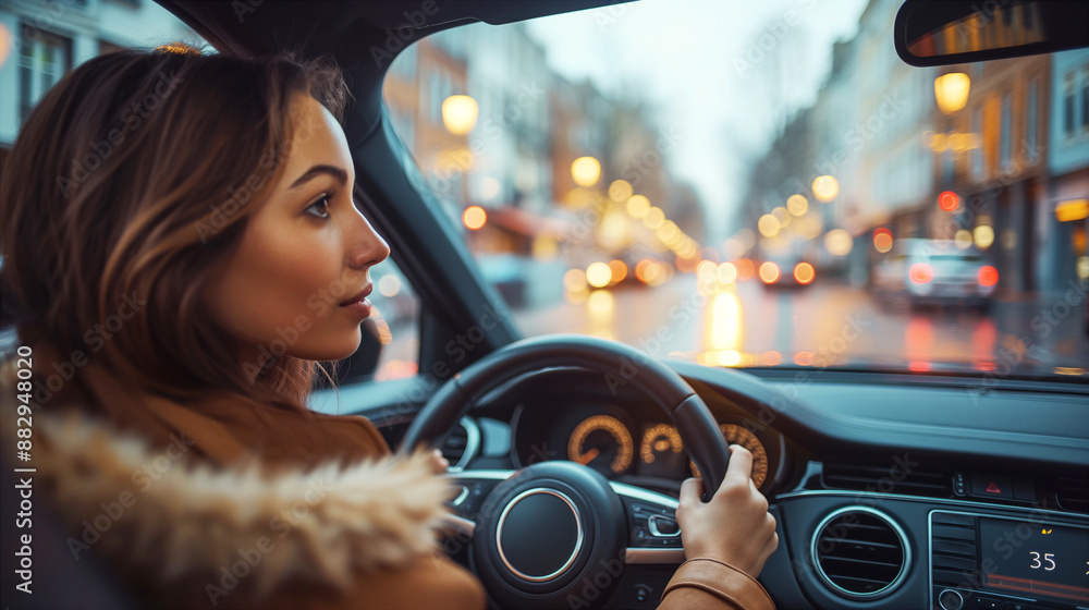 Wide angle interior view of young woman in winter coat driving the car Wide angle interior view of young woman in winter coat driving the car