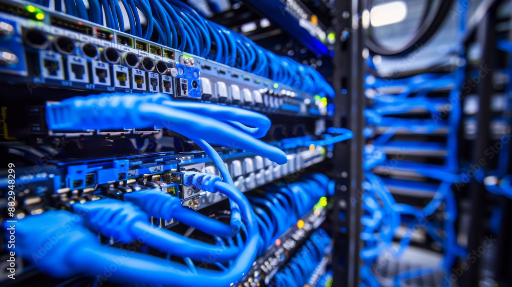 Ethernet cables plug into a network switch, a crucial component in data center infrastructure that enables devices to communicate. Ethernet cables plug into a network switch, a crucial component in data center infrastructure that enables devices to communicate.