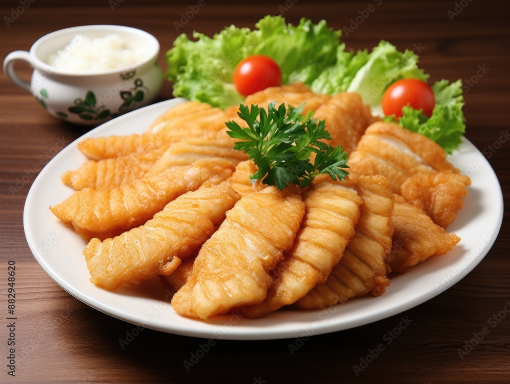 Crispy Fried Fish Fillets on White Plate - Delicious Seafood Concept with Minimalist Presentation Crispy Fried Fish Fillets on White Plate - Delicious Seafood Concept with Minimalist Presentation