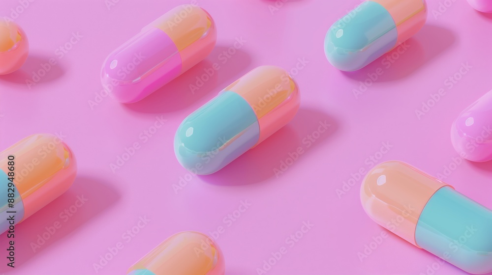 A few pills of different colors and shapes on a pink background. A few pills of different colors and shapes on a pink background.
